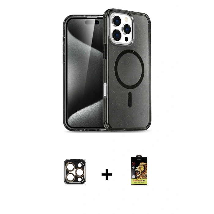 MARSİLYAN™- iPhone 16 Pro Max Kılıf Nova Asil Prime - Siyah Buffer Cam Ekran Koruyucu + PVD Metal Kamera Lens - GD