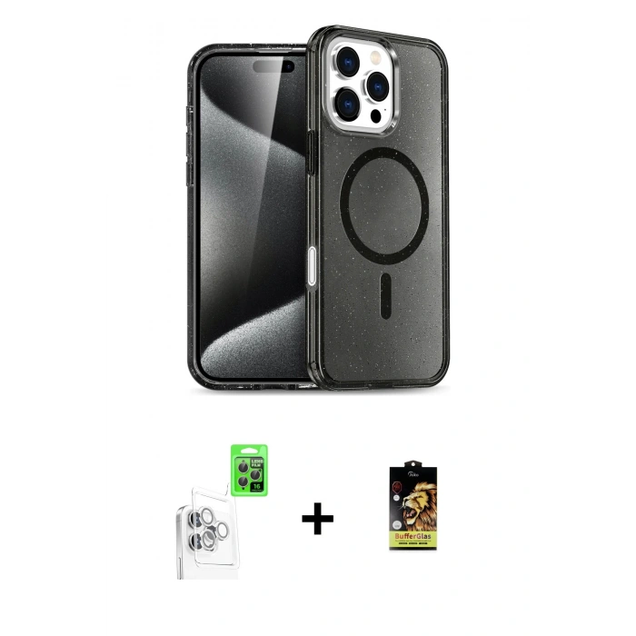 MARSİLYAN™- iPhone 16 Pro Max Kılıf Nova Asil Prime - Siyah Buffer Cam Ekran Koruyucu + Raze Metal Kamera Lens - BZ