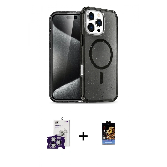 MARSİLYAN™- iPhone 16 Pro Max Kılıf Nova Asil Prime - Siyah Buffer Hayalet Cam Ekran Koruyucu + Bilvis Titan Kamera Lens - GS