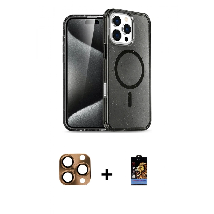 MARSİLYAN™- iPhone 16 Pro Max Kılıf Nova Asil Prime - Siyah Buffer Hayalet Cam Ekran Koruyucu + Çöl Titanyum Pers Alüminyum Kamera Lens