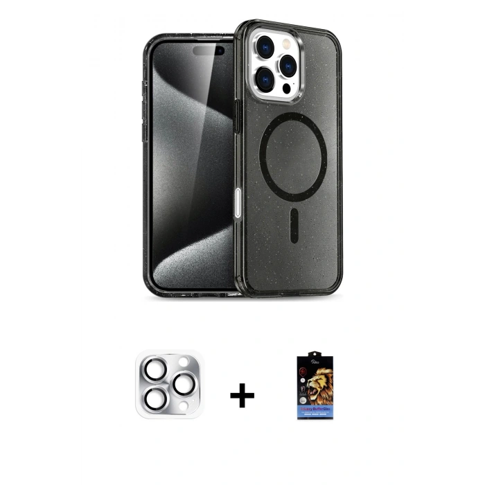 MARSİLYAN™- iPhone 16 Pro Max Kılıf Nova Asil Prime - Siyah Buffer Hayalet Cam Ekran Koruyucu + Pers Alüminyum Kamera Lens - GS