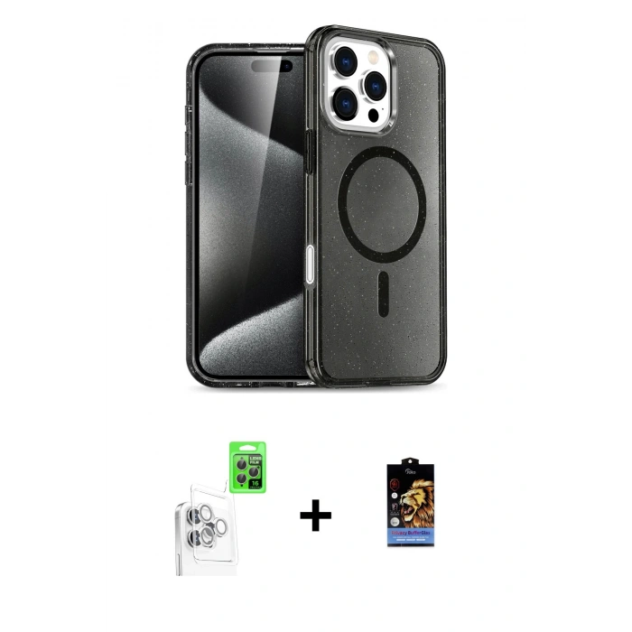 MARSİLYAN™- iPhone 16 Pro Max Kılıf Nova Asil Prime - Siyah Buffer Hayalet Cam Ekran Koruyucu + Raze Metal Kamera Lens - BZ