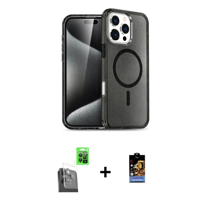 MARSİLYAN™- iPhone 16 Pro Max Kılıf Nova Asil Prime - Siyah Buffer Hayalet Cam Ekran Koruyucu + Raze Metal Kamera Lens - SH