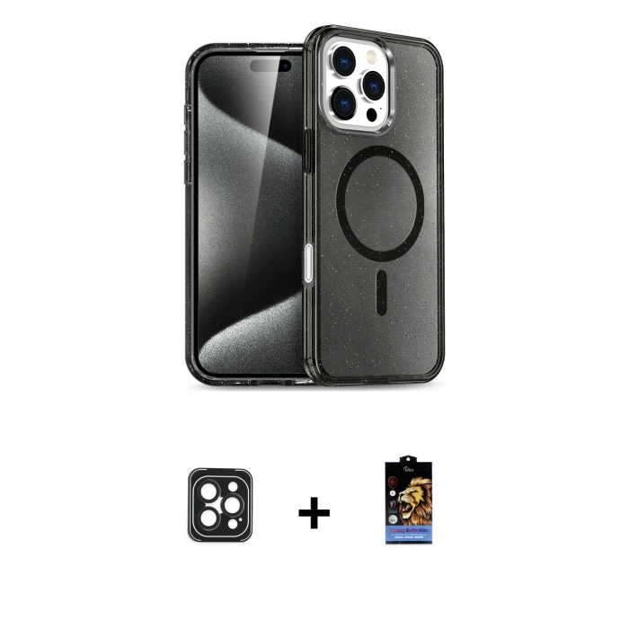 MARSİLYAN™- iPhone 16 Pro Max Kılıf Nova Asil Prime - Siyah Buffer Hayalet Cam Ekran Koruyucu + Siyah PVD Metal Kamera Lens