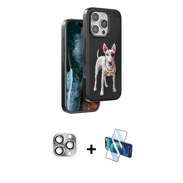 MARSİLYAN™- iPhone 16 Pro Max Kılıf Nova Form Koleksiyonu - Siyah 3D Antistatik Cam Ekran Koruyucu + Pers Alüminyum Kamera Lens - GI