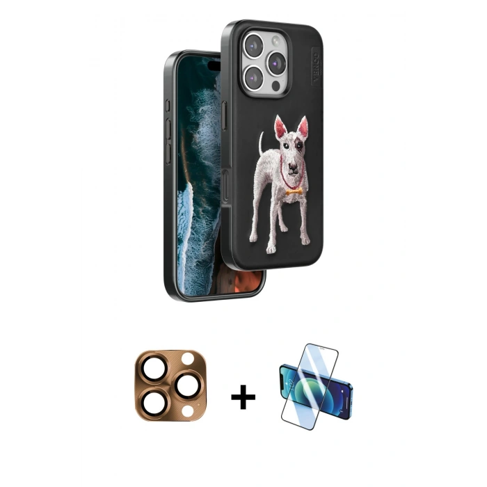 MARSİLYAN™- iPhone 16 Pro Max Kılıf Nova Form Koleksiyonu - Siyah 3D Antistatik Cam Ekran Koruyucu + Pers Alüminyum Kamera Lens - CLTM