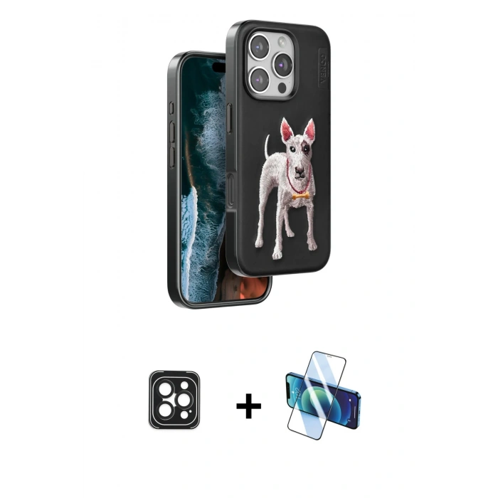 MARSİLYAN™- iPhone 16 Pro Max Kılıf Nova Form Koleksiyonu - Siyah 3D Antistatik Cam Ekran Koruyucu + PVD Metal Kamera Lens - SH