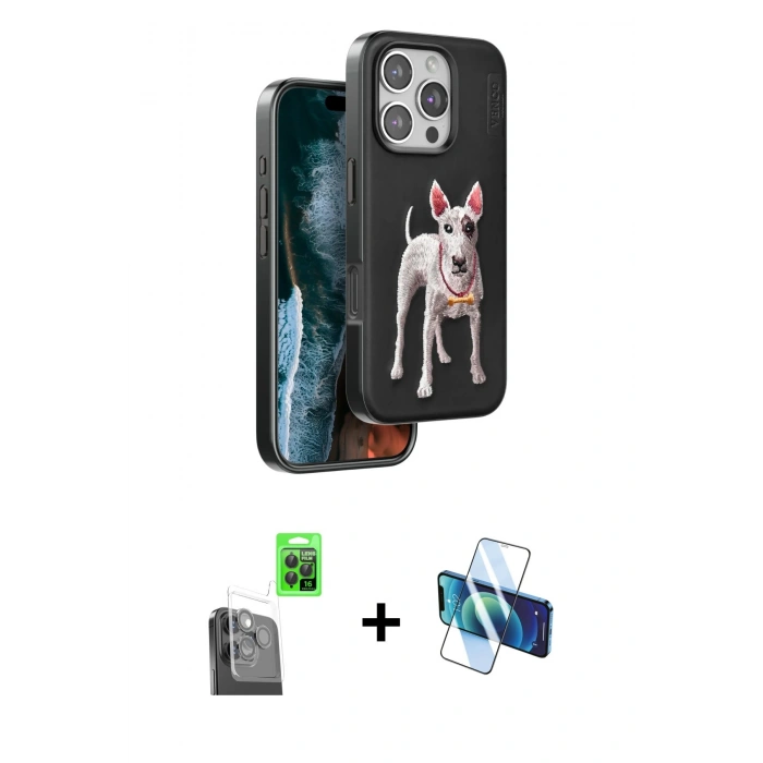 MARSİLYAN™- iPhone 16 Pro Max Kılıf Nova Form Koleksiyonu - Siyah 3D Antistatik Cam Ekran Koruyucu + Raze Metal Kamera Lens - SH