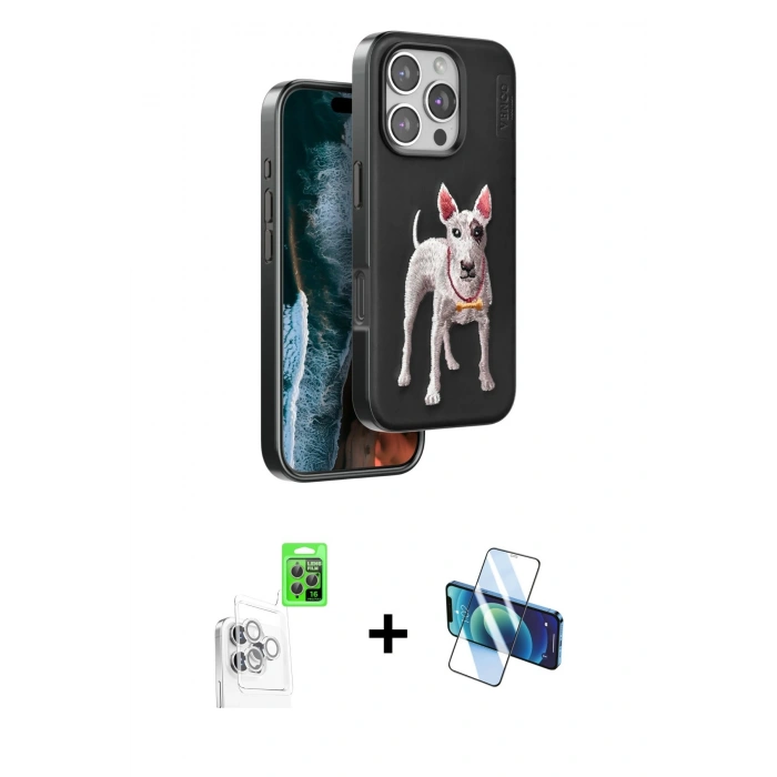 MARSİLYAN™- iPhone 16 Pro Max Kılıf Nova Form Koleksiyonu - Siyah 3D Antistatik Cam Ekran Koruyucu + Raze Metal Kamera Lens - BZ