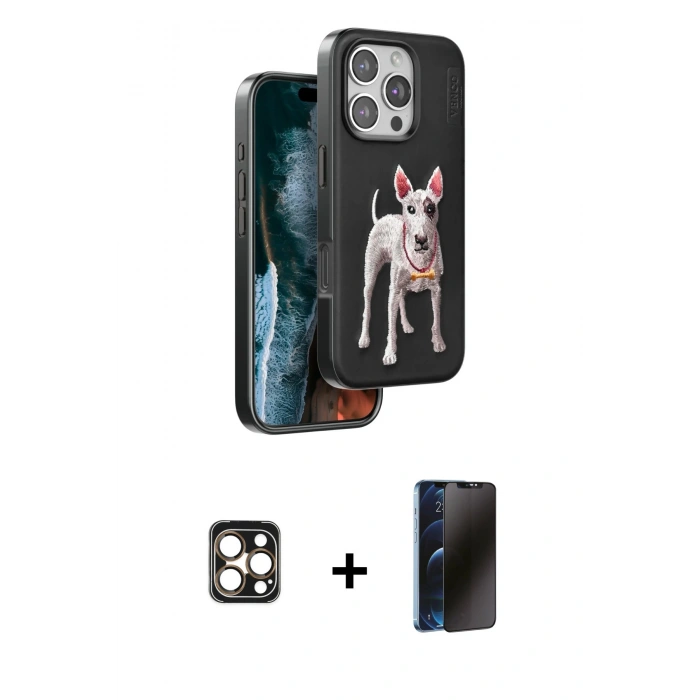 MARSİLYAN™- iPhone 16 Pro Max Kılıf Nova Form Koleksiyonu - Siyah 3D Antistatik Hayalet Cam Ekran Koruyucu + PVD Metal Kamera Lens - GD