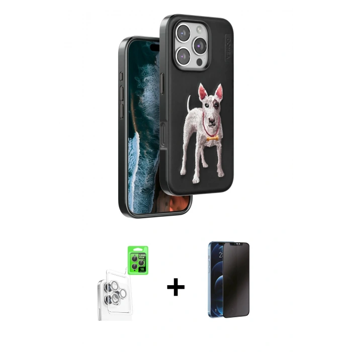 MARSİLYAN™- iPhone 16 Pro Max Kılıf Nova Form Koleksiyonu - Siyah 3D Antistatik Hayalet Cam Ekran Koruyucu + Raze Metal Kamera Lens - BZ