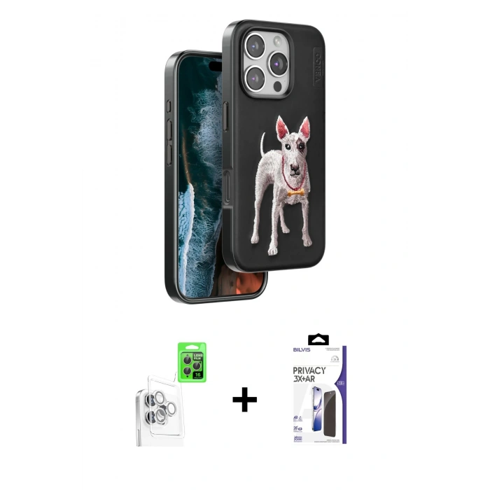 MARSİLYAN™- iPhone 16 Pro Max Kılıf Nova Form Koleksiyonu - Siyah Bilvis 3X AR Hayalet Cam Ekran Koruyucu + Raze Metal Kamera Lens - BZ