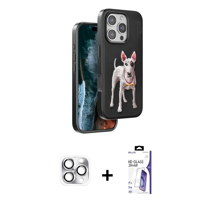 MARSİLYAN™- iPhone 16 Pro Max Kılıf Nova Form Koleksiyonu - Siyah Bilvis 3X AR HD Cam Ekran Koruyucu + Pers Alüminyum Kamera Lens - GS