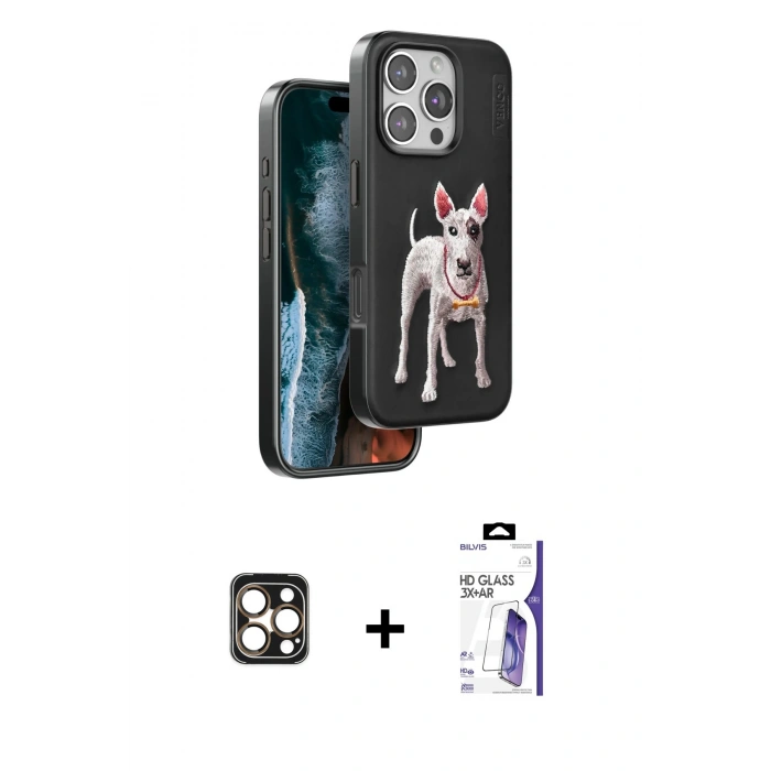 MARSİLYAN™- iPhone 16 Pro Max Kılıf Nova Form Koleksiyonu - Siyah Bilvis 3X AR HD Cam Ekran Koruyucu + PVD Metal Kamera Lens - GD