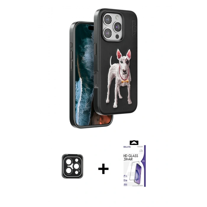 MARSİLYAN™- iPhone 16 Pro Max Kılıf Nova Form Koleksiyonu - Siyah Bilvis 3X AR HD Cam Ekran Koruyucu + PVD Metal Kamera Lens - SH