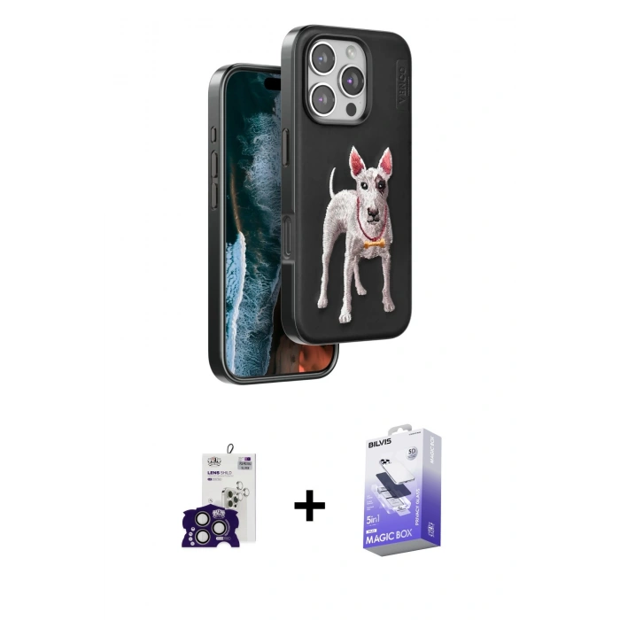 MARSİLYAN™- iPhone 16 Pro Max Kılıf Nova Form Koleksiyonu - Siyah Bilvis 5in1 5D Magic Hayalet Cam Ekran Koruyucu + Titanyum Gri Bilvis Titan Kamera Lens
