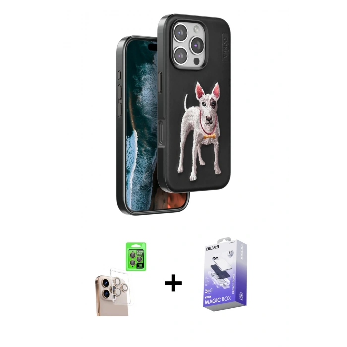 MARSİLYAN™- iPhone 16 Pro Max Kılıf Nova Form Koleksiyonu - Siyah Bilvis 5in1 5D Magic Hayalet Cam Ekran Koruyucu + Raze Metal Kamera Lens - NLGY