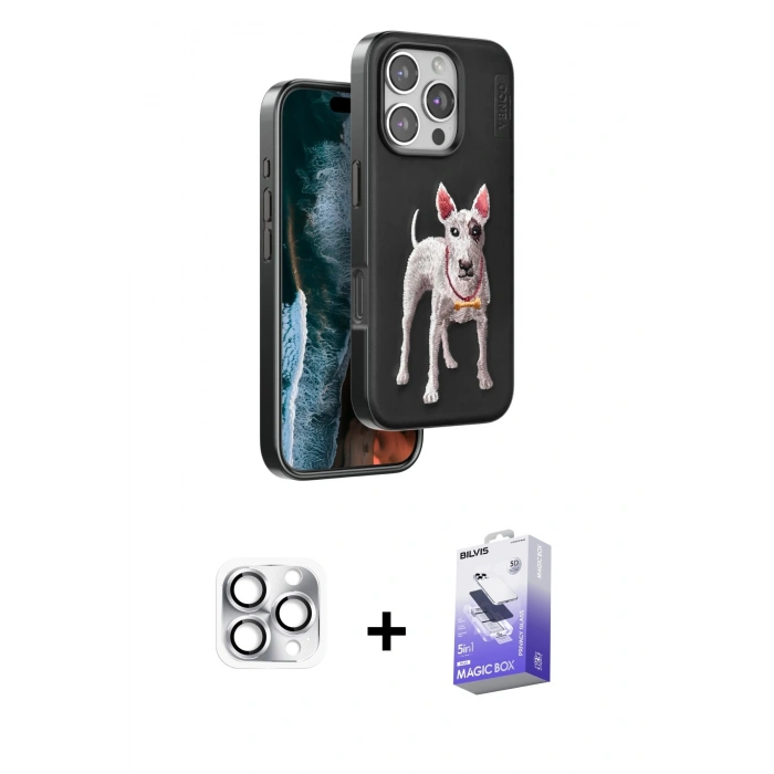 MARSİLYAN™- iPhone 16 Pro Max Kılıf Nova Form Koleksiyonu - Siyah Bilvis 5in1 5D Magic Hayalet Cam Ekran Koruyucu + Pers Alüminyum Kamera Lens - GS