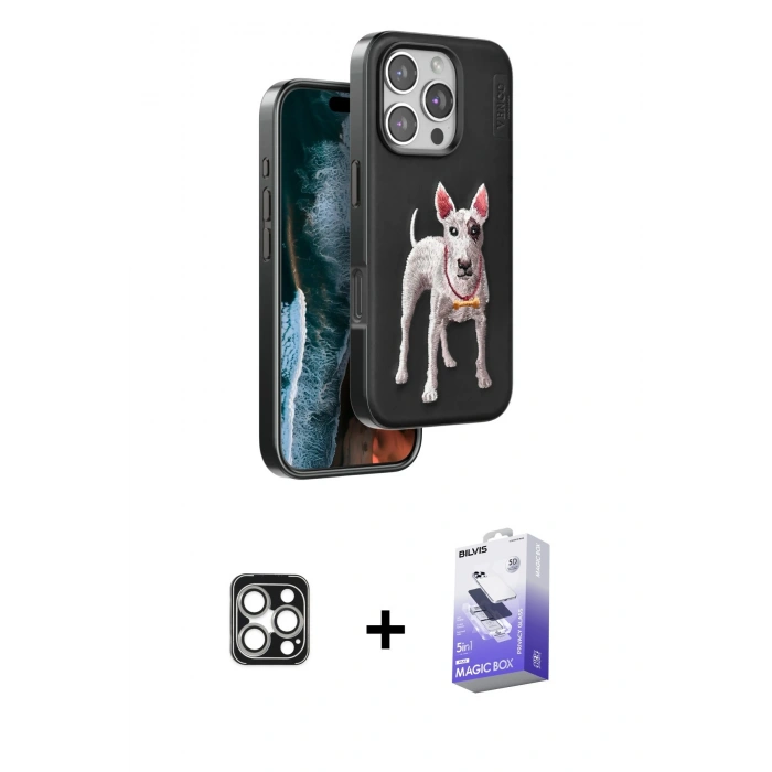 MARSİLYAN™- iPhone 16 Pro Max Kılıf Nova Form Koleksiyonu - Siyah Bilvis 5in1 5D Magic Hayalet Cam Ekran Koruyucu + PVD Metal Kamera Lens - GS