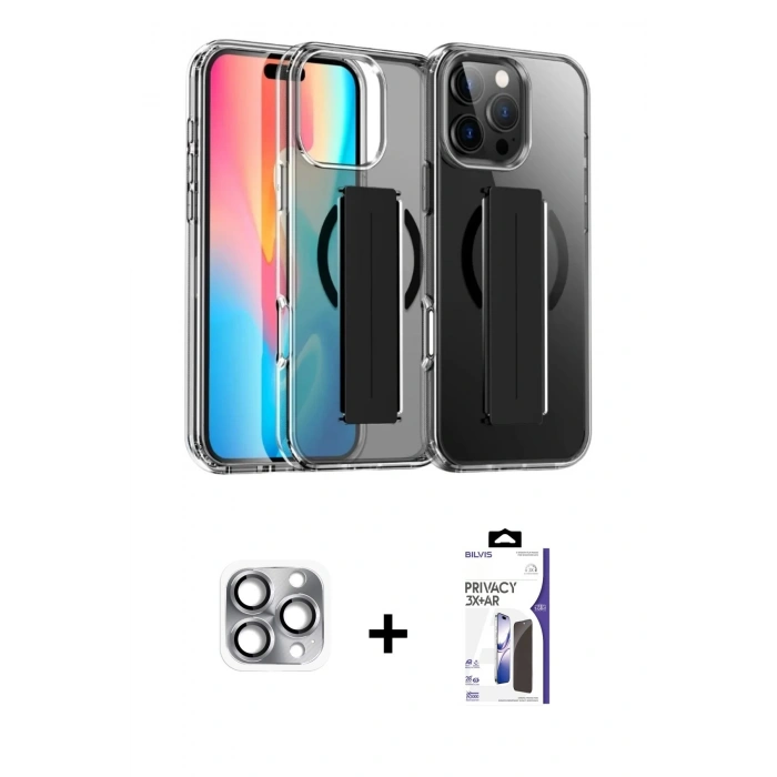 MARSİLYAN™- iPhone 16 Pro Max Kılıf Nova Işık Koleksiyonu - Siyah Bilvis 3X AR Hayalet Cam Ekran Koruyucu + Pers Alüminyum Kamera Lens - GI