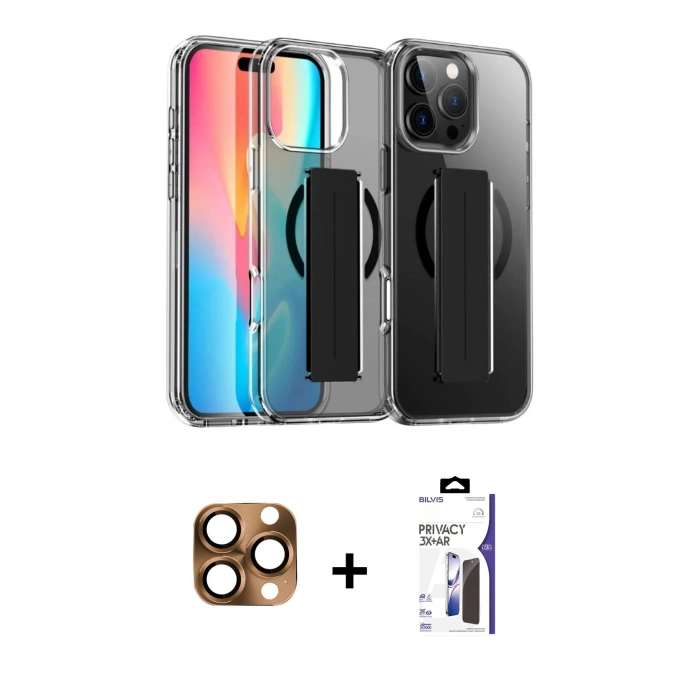 MARSİLYAN™- iPhone 16 Pro Max Kılıf Nova Işık Koleksiyonu - Siyah Bilvis 3X AR Hayalet Cam Ekran Koruyucu + Pers Alüminyum Kamera Lens - CLTM