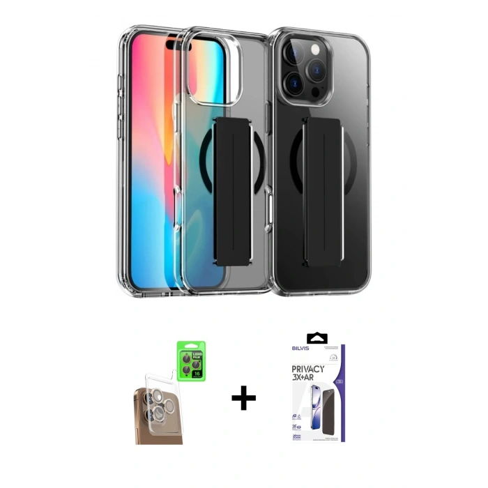 MARSİLYAN™- iPhone 16 Pro Max Kılıf Nova Işık Koleksiyonu - Siyah Bilvis 3X AR Hayalet Cam Ekran Koruyucu + Raze Metal Kamera Lens - CLTM