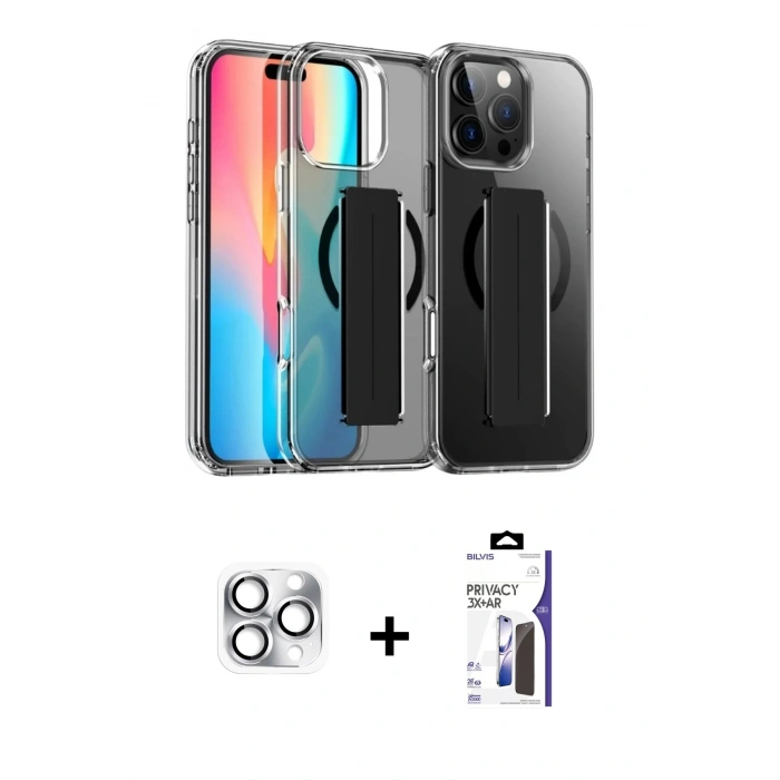 MARSİLYAN™- iPhone 16 Pro Max Kılıf Nova Işık Koleksiyonu - Siyah Bilvis 3X AR Hayalet Cam Ekran Koruyucu + Pers Alüminyum Kamera Lens - GS