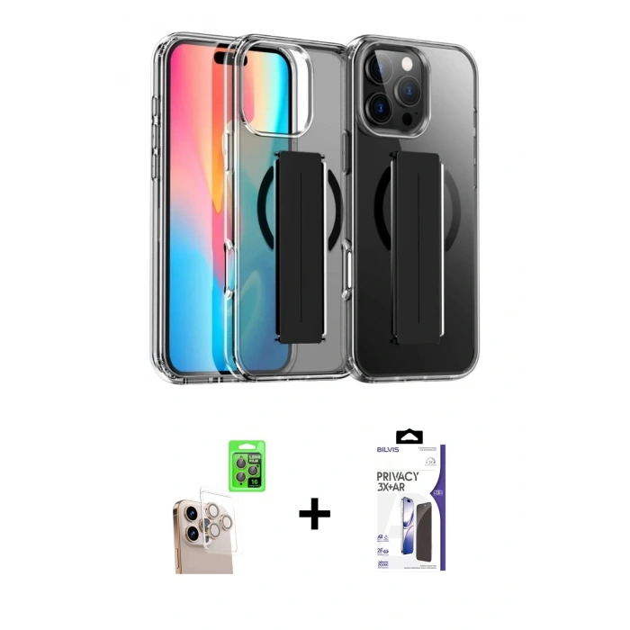 MARSİLYAN™- iPhone 16 Pro Max Kılıf Nova Işık Koleksiyonu - Siyah Bilvis 3X AR Hayalet Cam Ekran Koruyucu + Raze Metal Kamera Lens - NLGY
