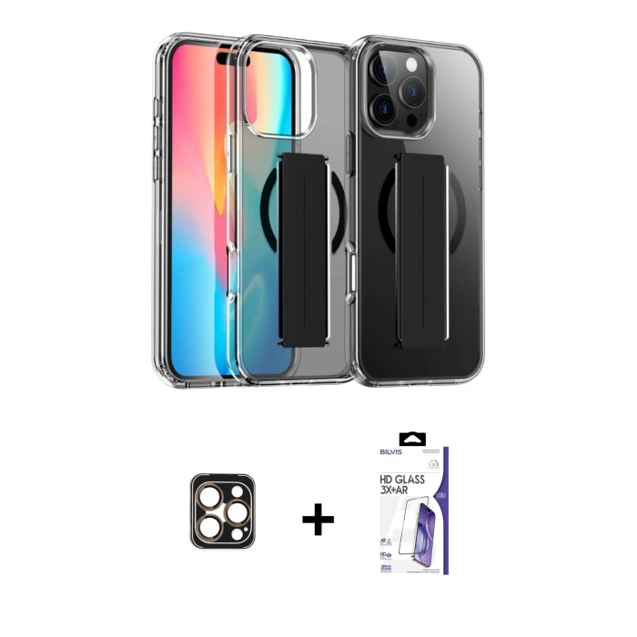 MARSİLYAN™- iPhone 16 Pro Max Kılıf Nova Işık Koleksiyonu - Siyah Bilvis 3X AR HD Cam Ekran Koruyucu + PVD Metal Kamera Lens - GD