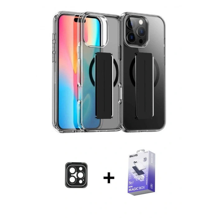 MARSİLYAN™- iPhone 16 Pro Max Kılıf Nova Işık Koleksiyonu - Siyah Bilvis 5in1 5D Magic Hayalet Cam Ekran Koruyucu + PVD Metal Kamera Lens - SH