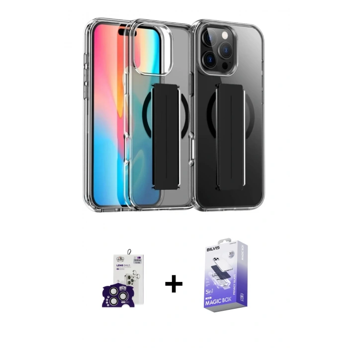 MARSİLYAN™- iPhone 16 Pro Max Kılıf Nova Işık Koleksiyonu - Siyah Bilvis 5in1 5D Magic Hayalet Cam Ekran Koruyucu + Bilvis Titan Kamera Lens - TMGI