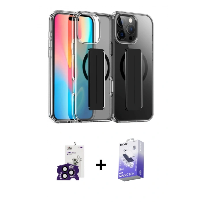 MARSİLYAN™- iPhone 16 Pro Max Kılıf Nova Işık Koleksiyonu - Siyah Bilvis 5in1 5D Magic Hayalet Cam Ekran Koruyucu + Bilvis Titan Kamera Lens - SH