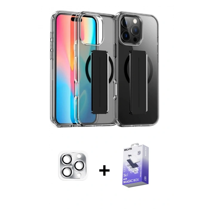 MARSİLYAN™- iPhone 16 Pro Max Kılıf Nova Işık Koleksiyonu - Siyah Bilvis 5in1 5D Magic Hayalet Cam Ekran Koruyucu + Pers Alüminyum Kamera Lens - GS