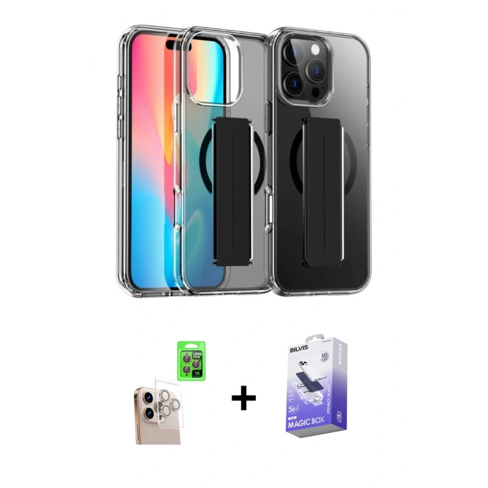 MARSİLYAN™- iPhone 16 Pro Max Kılıf Nova Işık Koleksiyonu - Siyah Bilvis 5in1 5D Magic Hayalet Cam Ekran Koruyucu + Raze Metal Kamera Lens - NLGY