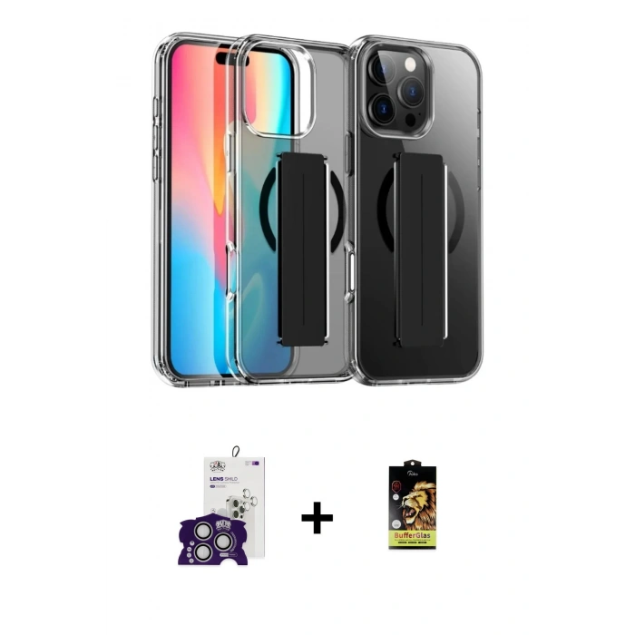 MARSİLYAN™- iPhone 16 Pro Max Kılıf Nova Işık Koleksiyonu - Siyah Buffer Cam Ekran Koruyucu + Gümüş Bilvis Titan Kamera Lens