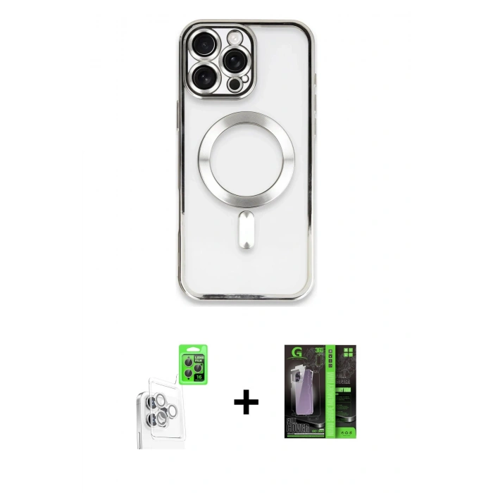 MARSİLYAN™- iPhone 16 Pro Max Kılıf Nova Işık Özel Seri - Şeffaf 360 Full Body Arka Koruyucu + Beyaz Raze Metal Kamera Lens