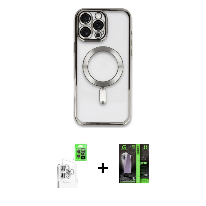 MARSİLYAN™- iPhone 16 Pro Max Kılıf Nova Işık Özel Seri - Şeffaf 360 Full Body Arka Koruyucu + Beyaz Raze Metal Kamera Lens