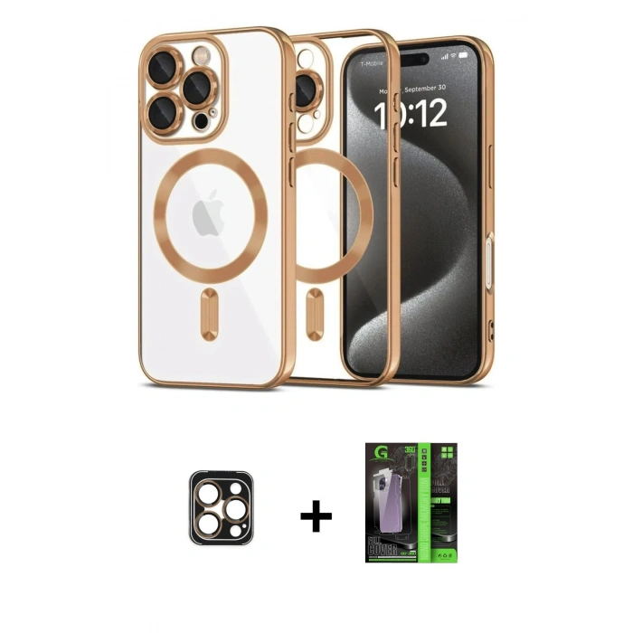 MARSİLYAN™- iPhone 16 Pro Max Kılıf Nova Işık Özel Seri - Şeffaf 360 Full Body Arka Koruyucu + PVD Metal Kamera Lens - GD