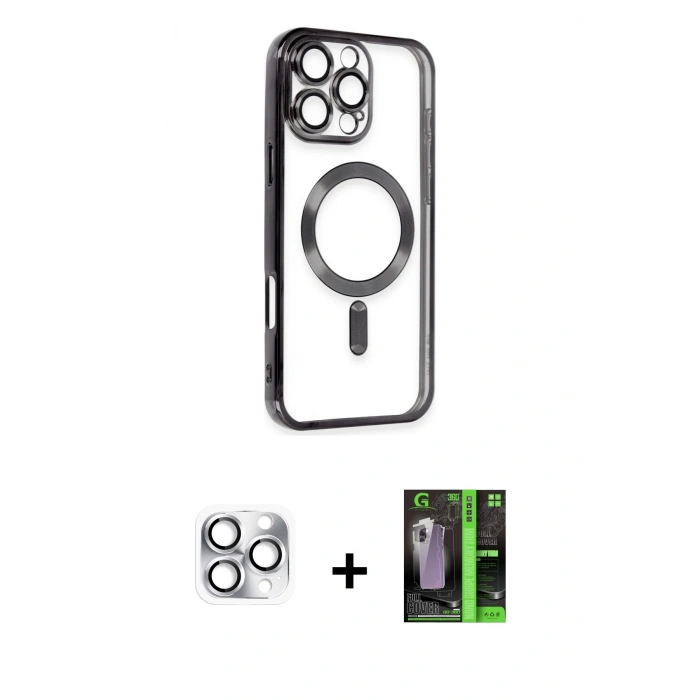MARSİLYAN™- iPhone 16 Pro Max Kılıf Nova Işık Özel Seri - Şeffaf 360 Full Body Arka Koruyucu + Pers Alüminyum Kamera Lens - GS