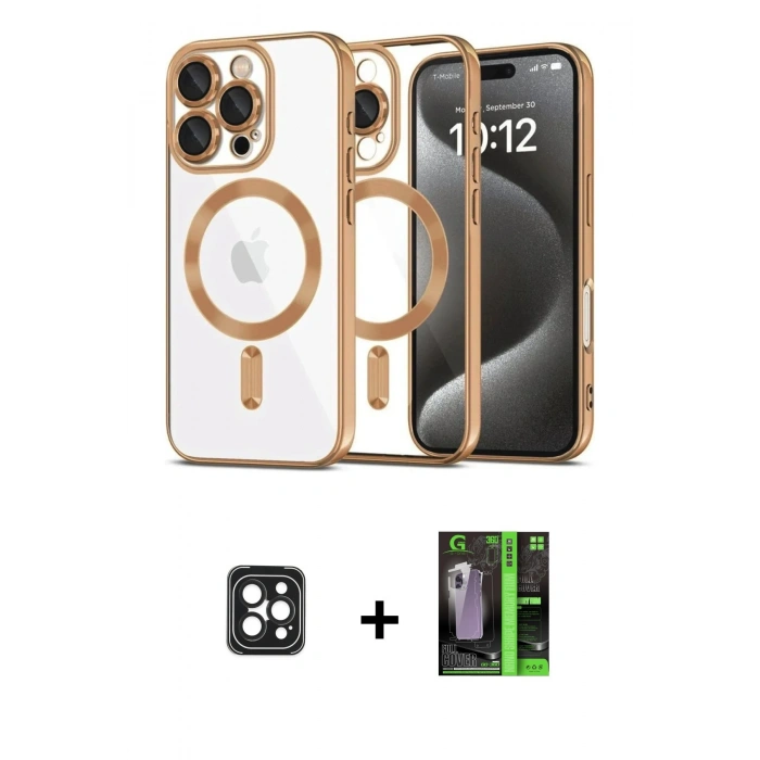 MARSİLYAN™- iPhone 16 Pro Max Kılıf Nova Işık Özel Seri - Şeffaf 360 Full Body Arka Koruyucu + PVD Metal Kamera Lens - SH