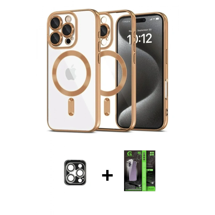 MARSİLYAN™- iPhone 16 Pro Max Kılıf Nova Işık Özel Seri - Şeffaf 360 Full Body Arka Koruyucu + PVD Metal Kamera Lens - GS