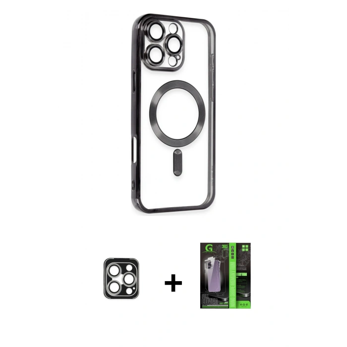 MARSİLYAN™- iPhone 16 Pro Max Kılıf Nova Işık Özel Seri - Şeffaf 360 Full Body Arka Koruyucu + PVD Metal Kamera Lens - GS