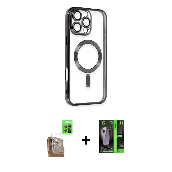 MARSİLYAN™- iPhone 16 Pro Max Kılıf Nova Işık Özel Seri - Şeffaf 360 Full Body Arka Koruyucu + Raze Metal Kamera Lens - CLTM