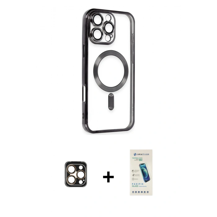 MARSİLYAN™- iPhone 16 Pro Max Kılıf Nova Işık Özel Seri - Şeffaf Pasifik Cam Ekran Koruyucu + PVD Metal Kamera Lens - GD