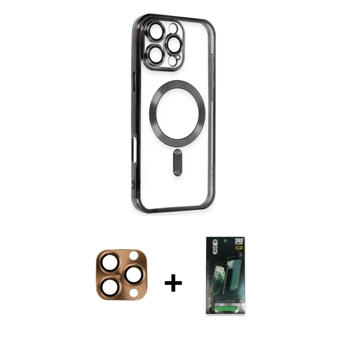 MARSİLYAN™- iPhone 16 Pro Max Kılıf Nova Işık Özel Seri - Siyah 360 Mat Full Body Arka Koruyucu + Pers Alüminyum Kamera Lens - CLTM