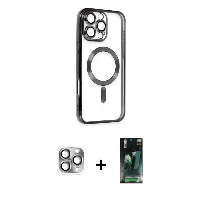 MARSİLYAN™- iPhone 16 Pro Max Kılıf Nova Işık Özel Seri - Siyah 360 Mat Full Body Arka Koruyucu + Pers Alüminyum Kamera Lens - GI