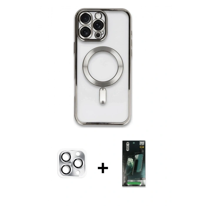 MARSİLYAN™- iPhone 16 Pro Max Kılıf Nova Işık Özel Seri - Siyah 360 Mat Full Body Arka Koruyucu + Gümüş Pers Alüminyum Kamera Lens