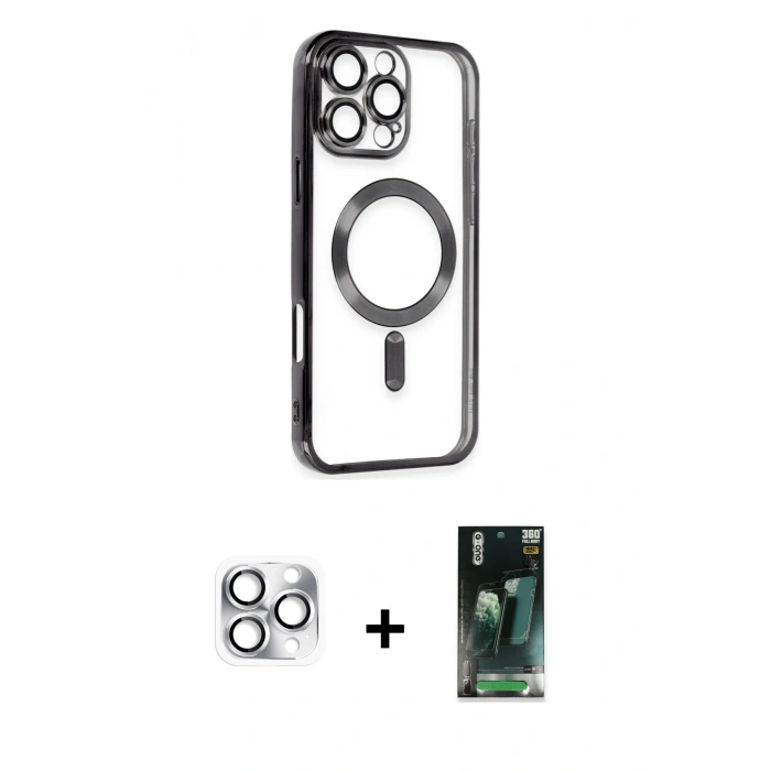 MARSİLYAN™- iPhone 16 Pro Max Kılıf Nova Işık Özel Seri - Siyah 360 Mat Full Body Arka Koruyucu + Gümüş Pers Alüminyum Kamera Lens