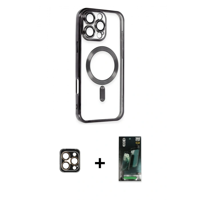 MARSİLYAN™- iPhone 16 Pro Max Kılıf Nova Işık Özel Seri - Siyah 360 Mat Full Body Arka Koruyucu + PVD Metal Kamera Lens - GD