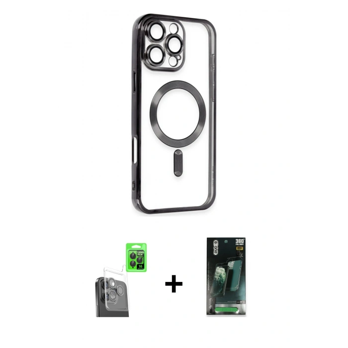MARSİLYAN™- iPhone 16 Pro Max Kılıf Nova Işık Özel Seri - Siyah 360 Mat Full Body Arka Koruyucu + Raze Metal Kamera Lens - SH
